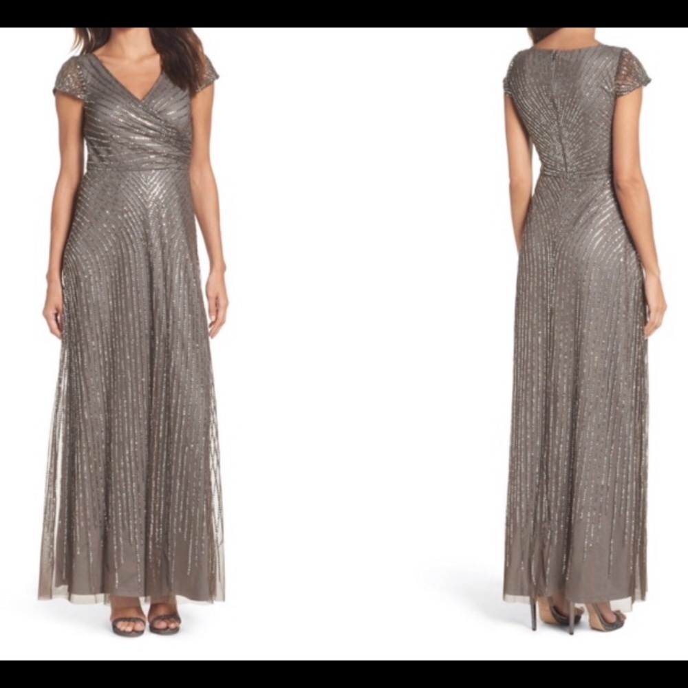 NWT Adrianna Papell sequin faux wrap gown in Lead